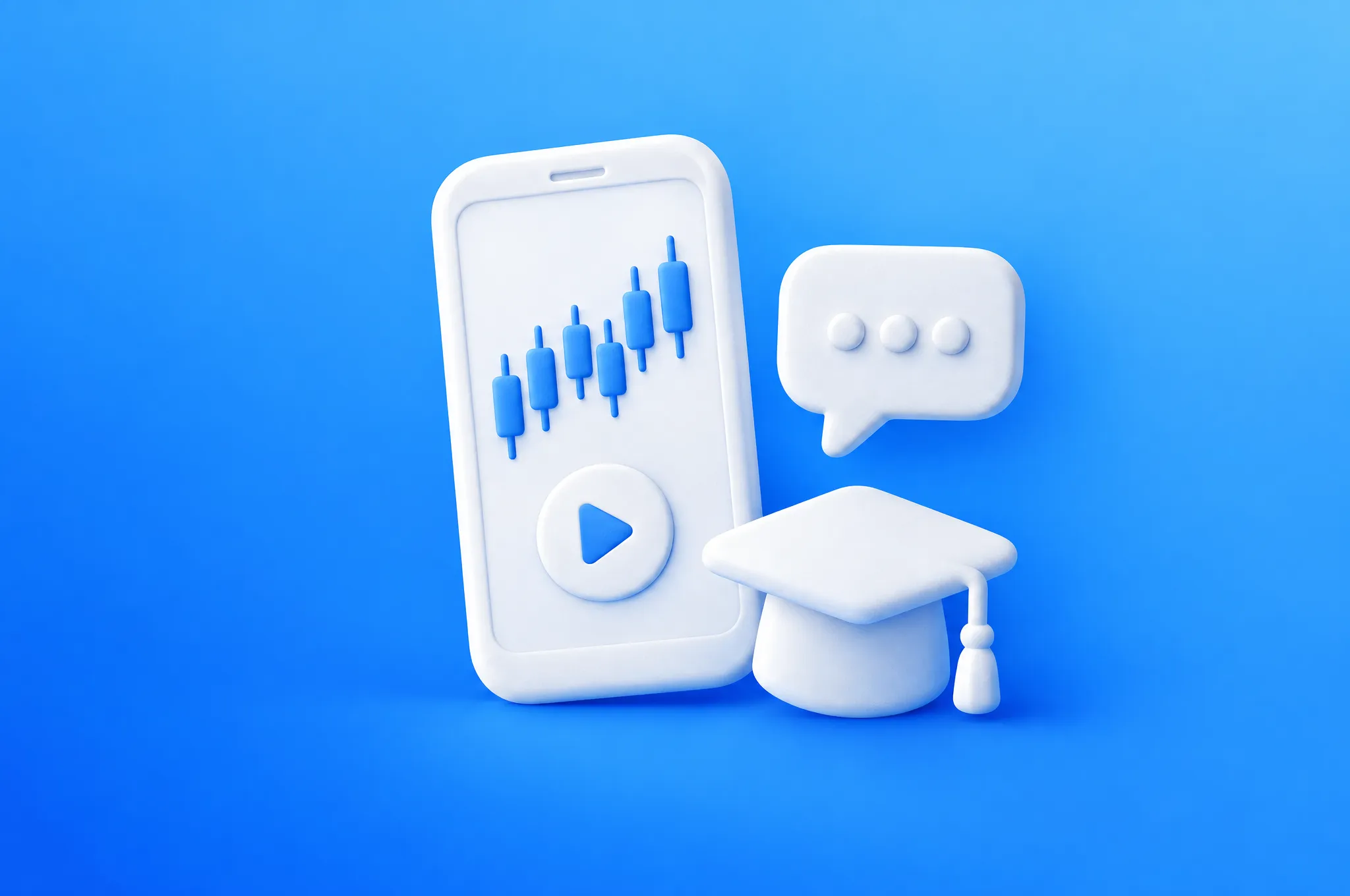 3D-Illustration eines Smartphones mit Chart, Sprechblase und Doktorhut