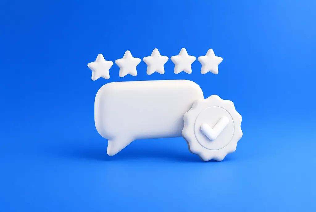 3D-Illustration von fünf Sternen über einer Sprechblase neben einem Siegel mit Haken